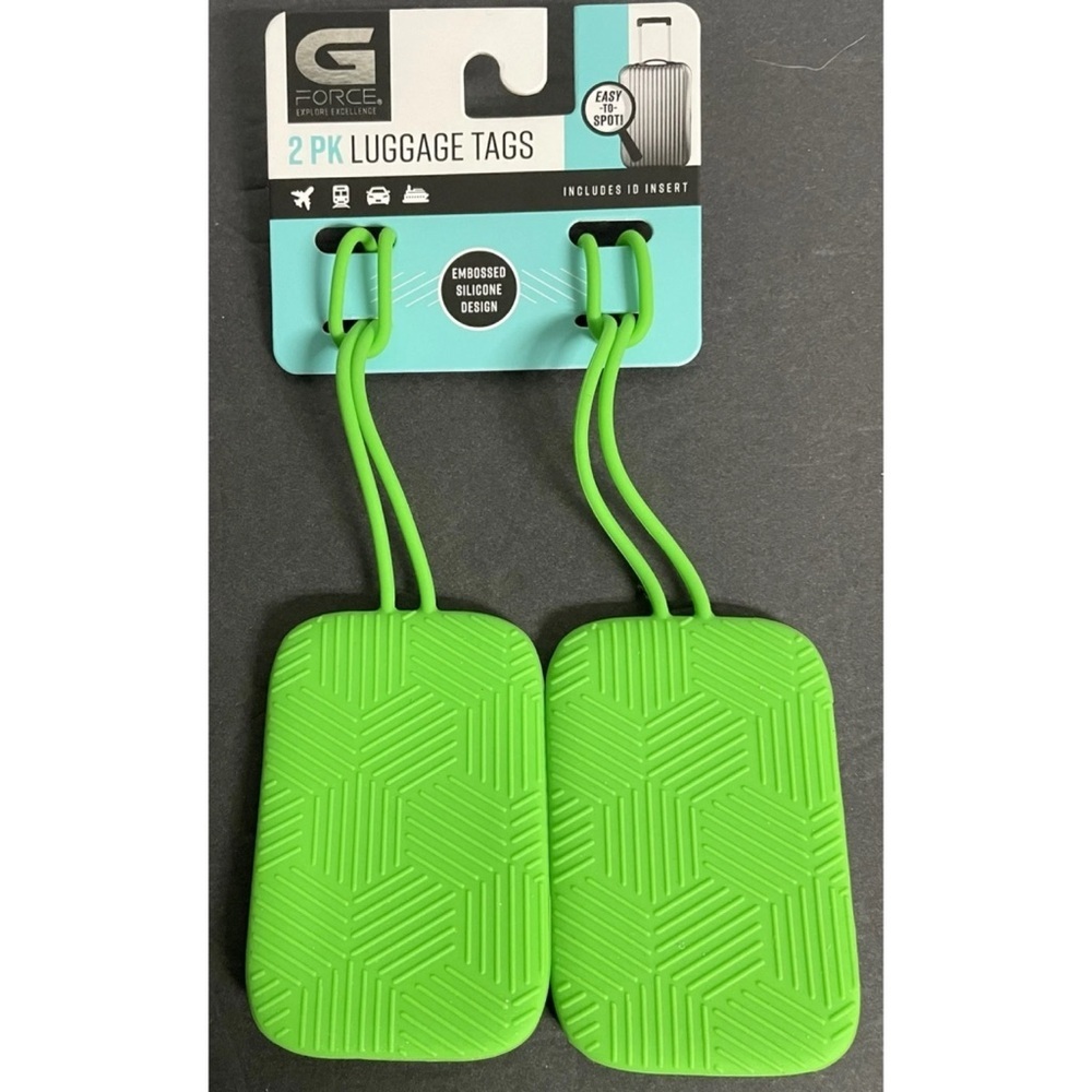 G FORCE Set of 2 Lime Green Rectangle Luggage Tags Embossed Silicone 2.5" x 3"